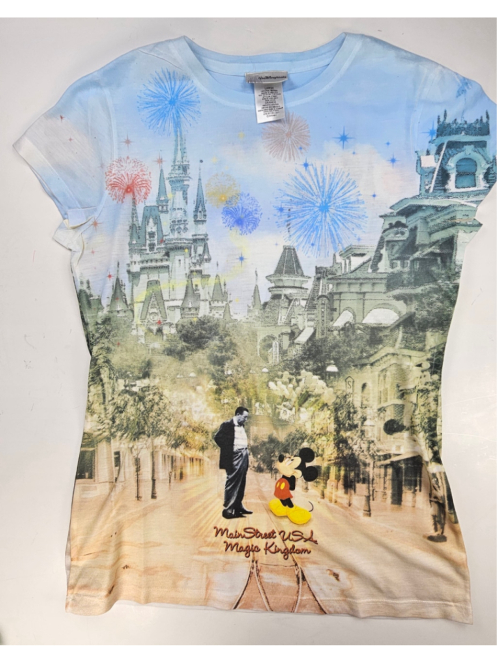 Disney Parks Walt Mickey Main Street USA Magic Kingdom Women’s L All Over Shirt